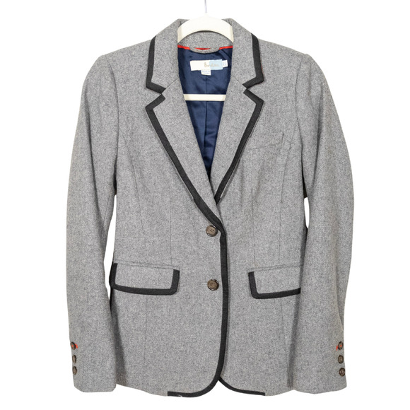 BODEN Grey Wool Blend Fitted Blazer Black Trim Two Button Women's UK 6 US 2 - Picture 1 of 4